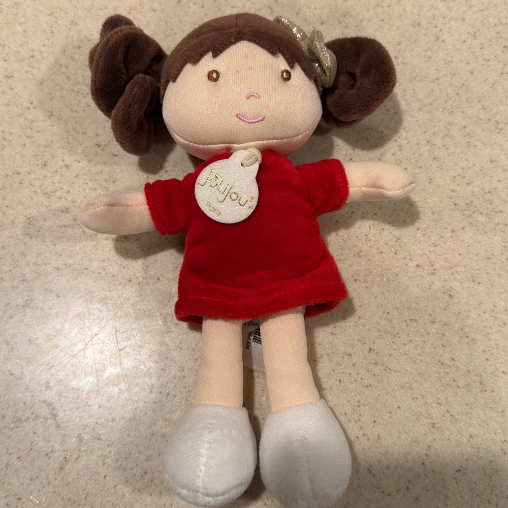 JoliJou Paris 7” Plush Doll with Red Dress and Brown Hair